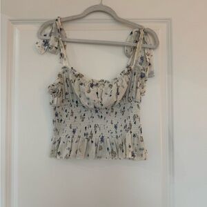 Aritzia Cream Floral Tie-Shoulder Smocked Crop Top